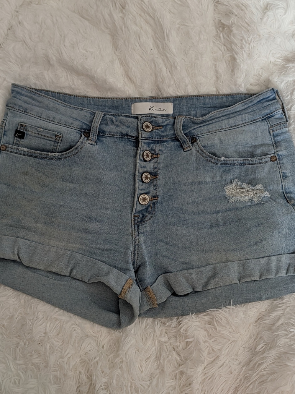 KanCan Light Wash Button-Fly Cuffed Denim Shorts
